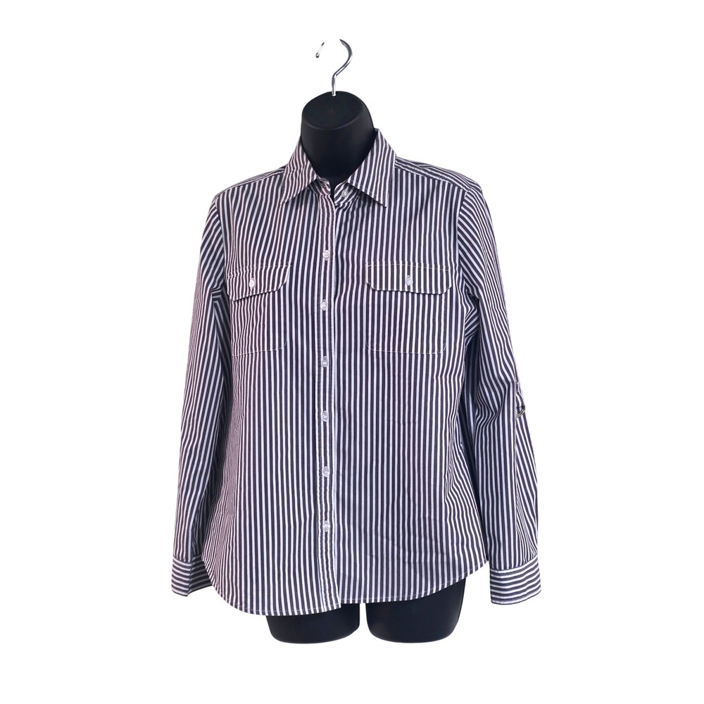 Chicos Womensโ Navy Blue White Striped Button Down Shirt Roll Tab Sleeve Size 1